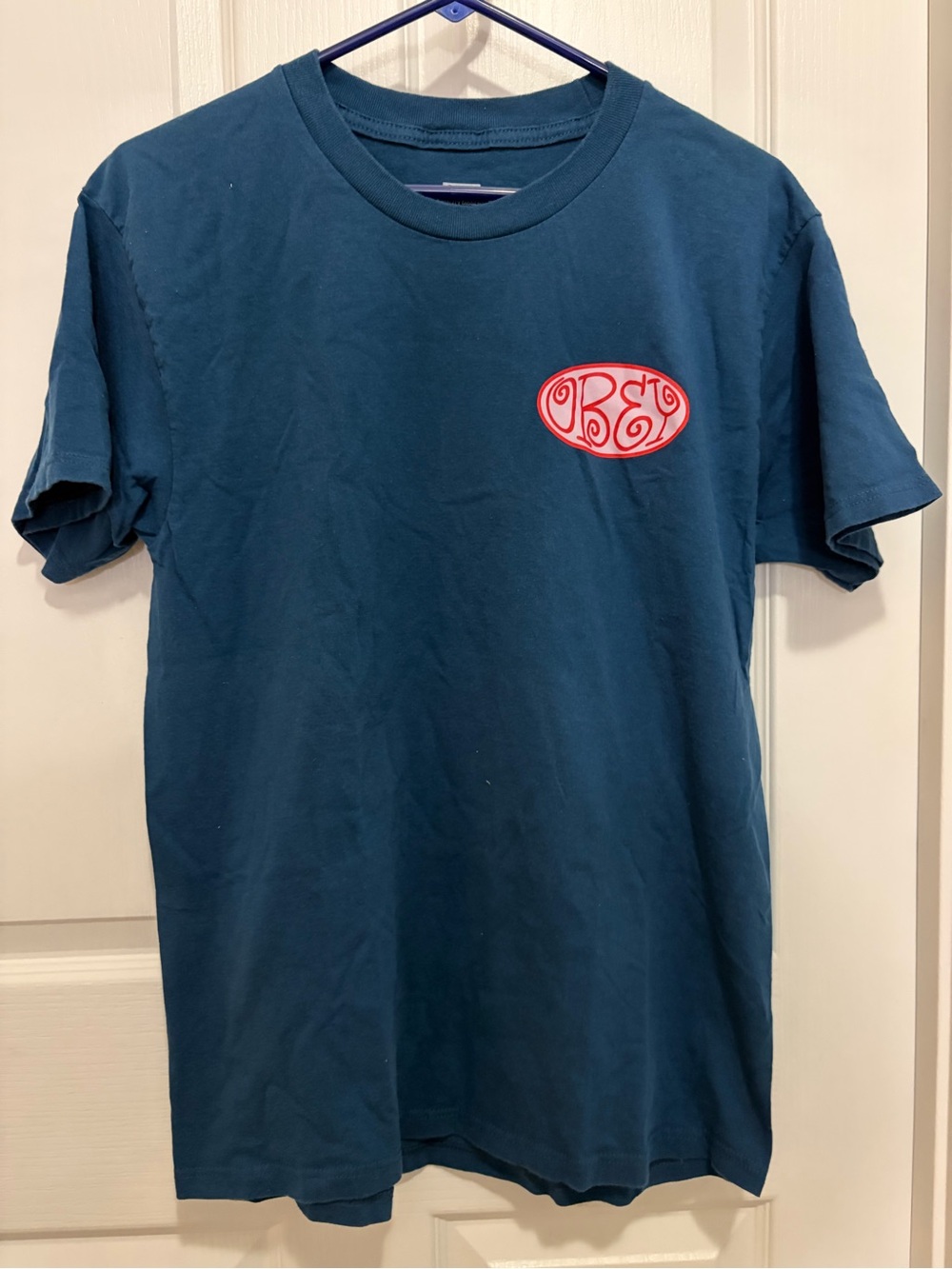 Obey Short-Sleeve Crew Tee in Teal with Red Logo
